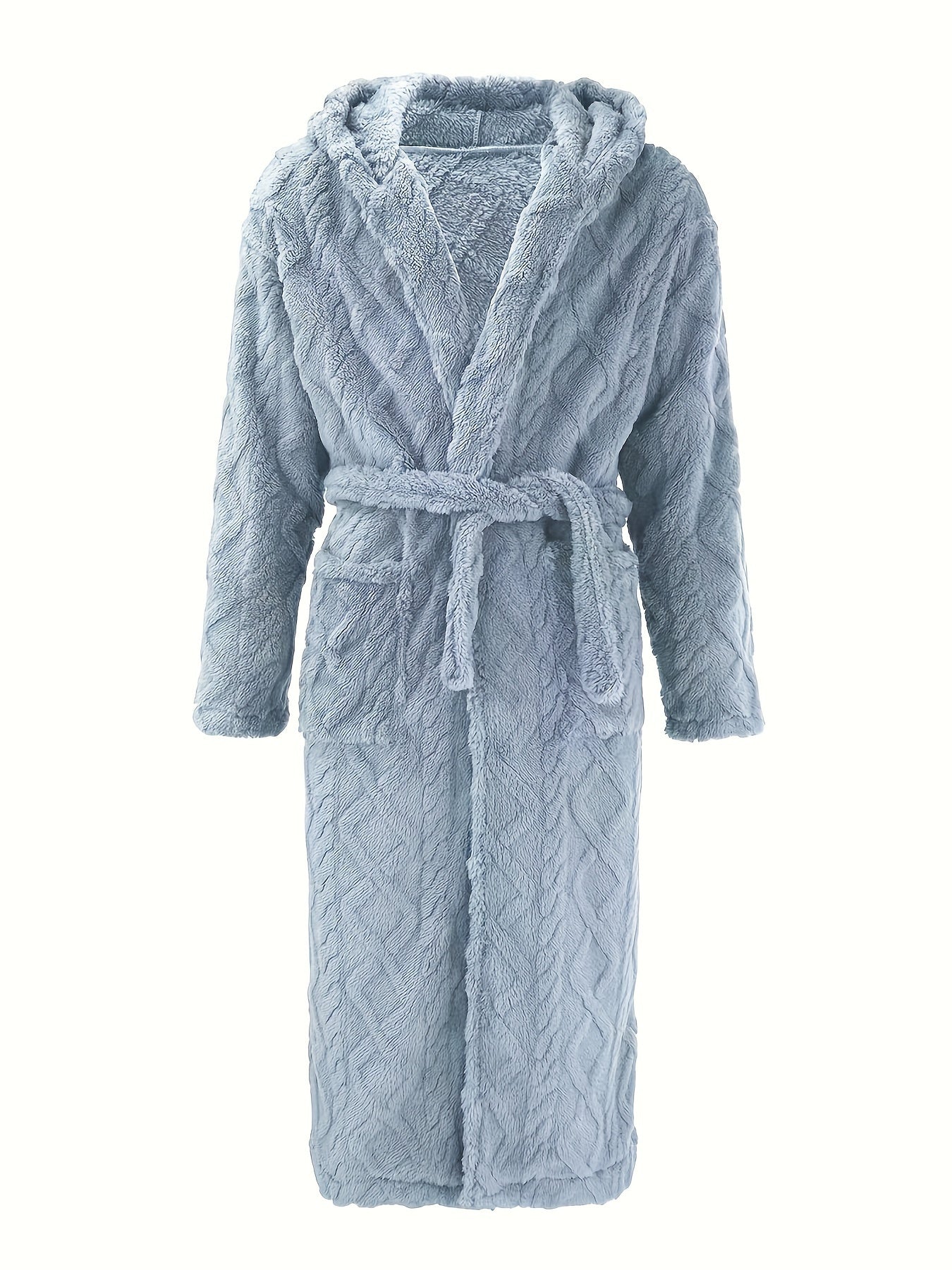 Men's over-the-knee bathrobe with thick fleece, V-neck, and blue quilted design for winter comfort.