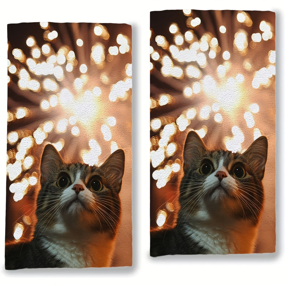 Set of 2 Ultra Soft Kitchen Towels featuring a Cute Cat & Dog Fourth of July Fireworks Pattern, Super Absorbent, Easy to Clean, 40.64x60.96 cm - Ideal for Adding Holiday Cheer to Your Kitchen Decor, Dish Drying Towels