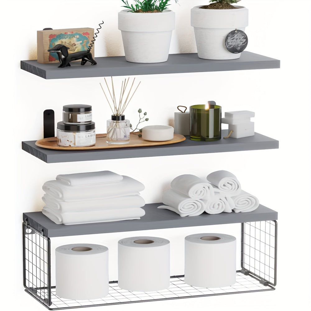 Solid Wood and Metal Wall Mounted Floating Shelves with Storage Basket for Bathroom Organization Over Toilet - Modern Open-Storage Shelves for Kitchen and Living Room Home Decor, Made with Durable Hardwood Construction.