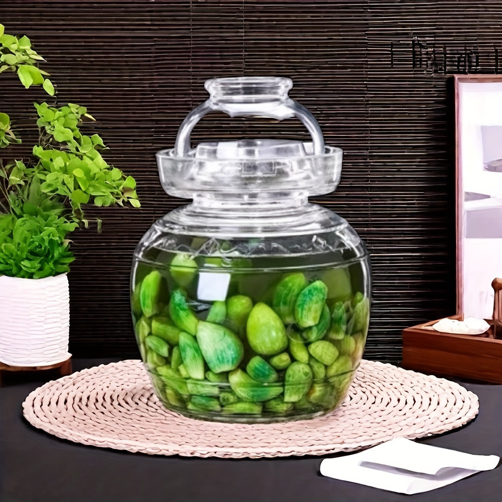 Glass fermentation jar with lid for pickling, 1500ml capacity, ideal for kimchi, sauerkraut, and more. Made of high borosilicate glass with water seal design.