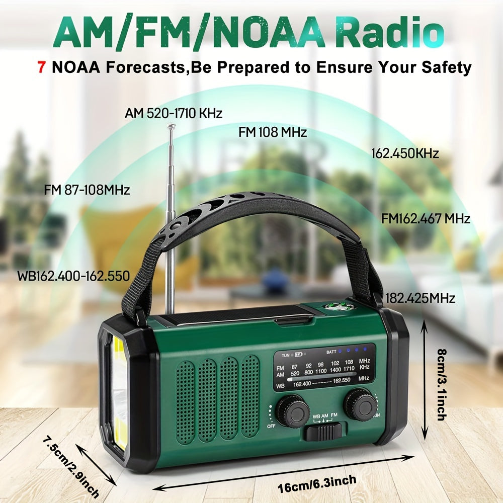 10000mAh Emergency Radio: Solar-powered, hand crank, NOAA AM/FM weather radio with flashlight, SOS alarm and phone charger.