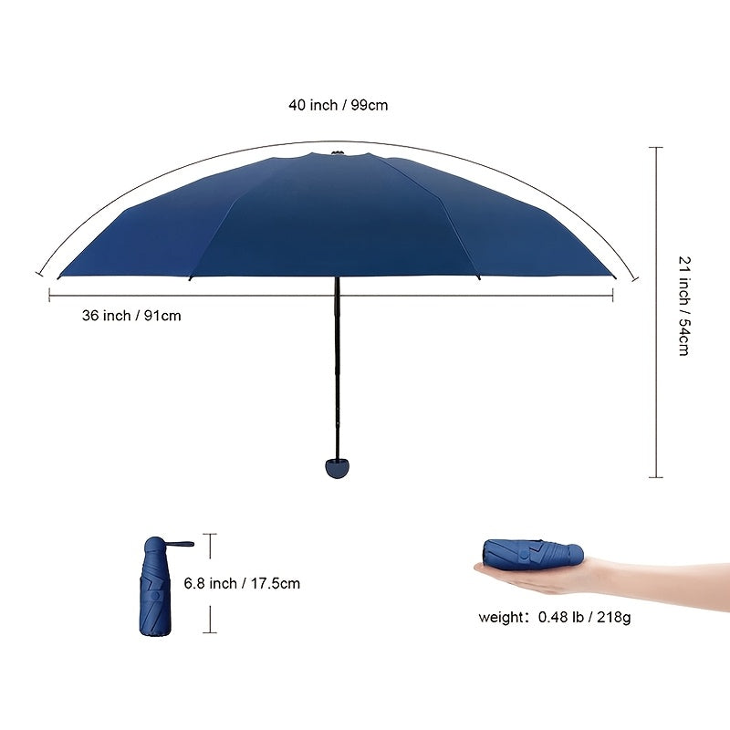 Compact mini sun umbrella with protective cover and 6 reinforced ribs for enhanced sun and UV protection. Suitable for both sunny and rainy days, featuring a casual, minimalist, and stylish