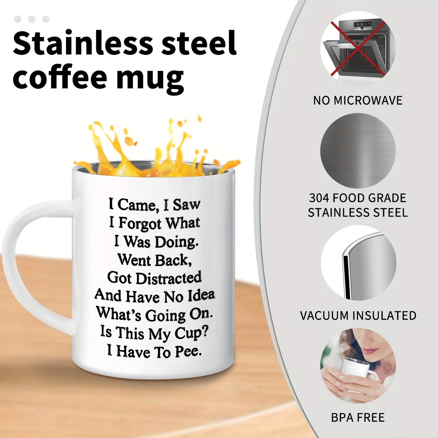 Humorous senior camping coffee mug - 11oz stainless steel with handle. Ideal gift for elderly parents and grandparents on special occasions. BPA-free and reusable.