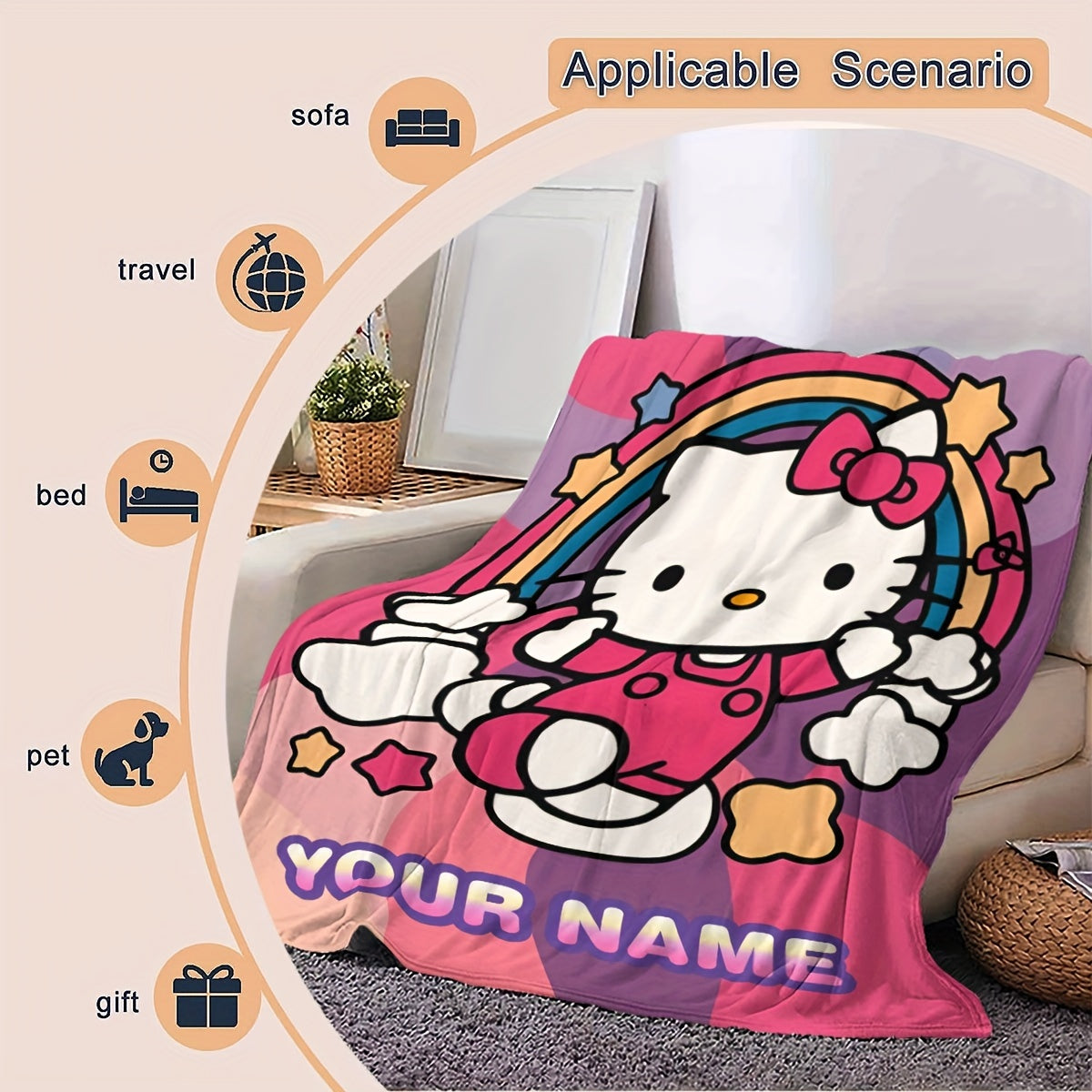 Personalized with a cute cartoon Hello Kitty design, this cozy flannel blanket is perfect for staying warm and comfortable. Use it as a decorative accent in any room or give it as a thoughtful gift that can be enjoyed all year round.