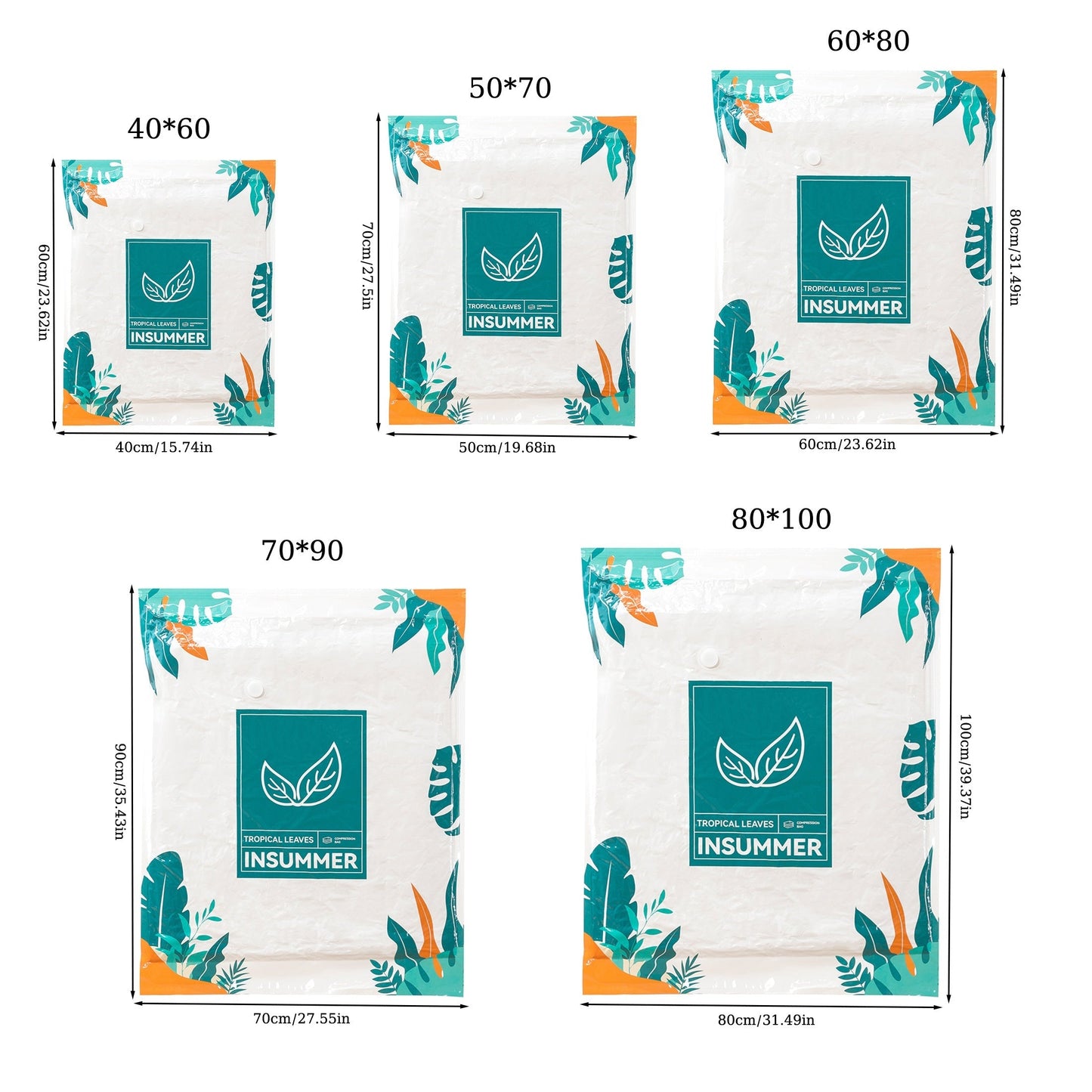 3-Pack of Heart Leaf Vacuum Storage Bags featuring a tropical leaf design. These plastic space saver bags are ideal for storing comforters, blankets, bedding, and clothing without the need for power. Also suitable for organizing accessories.