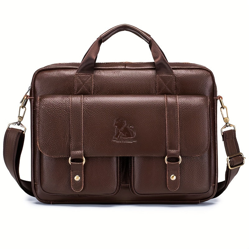 Brown leather briefcase with multiple compartments, adjustable shoulder strap, suitable for travel and professional activities.