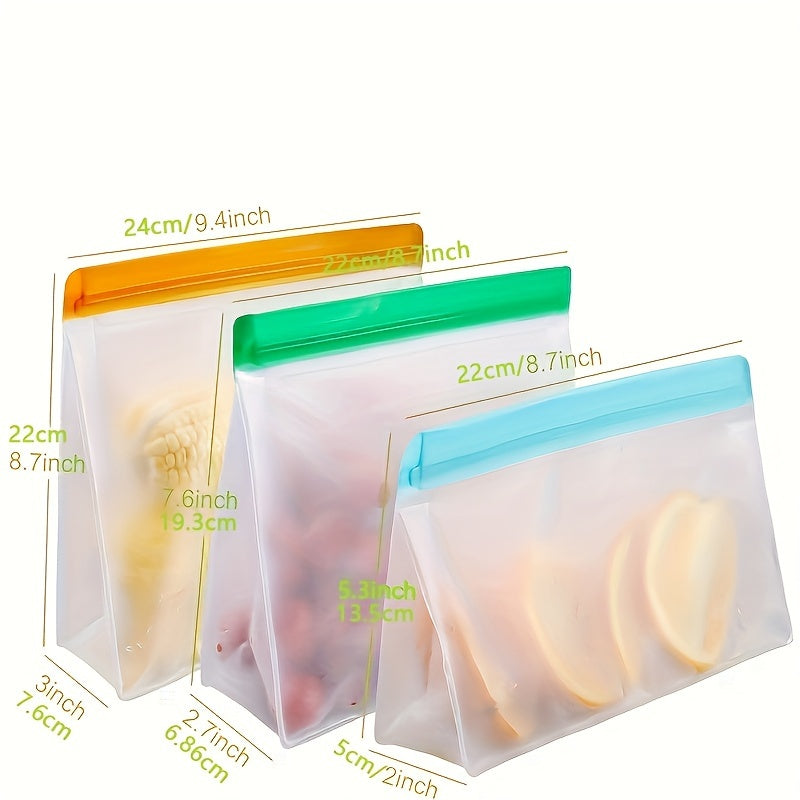 Get a pack of 1 Set Reusable Food Storage Bags made of leak-proof PEVA plastic with a square clip-on closure. Easy to hand wash, these bags are multipurpose for travel or home use. The set includes a 3.79 L bag, 1 sandwich bag, and 1 snack bag, all