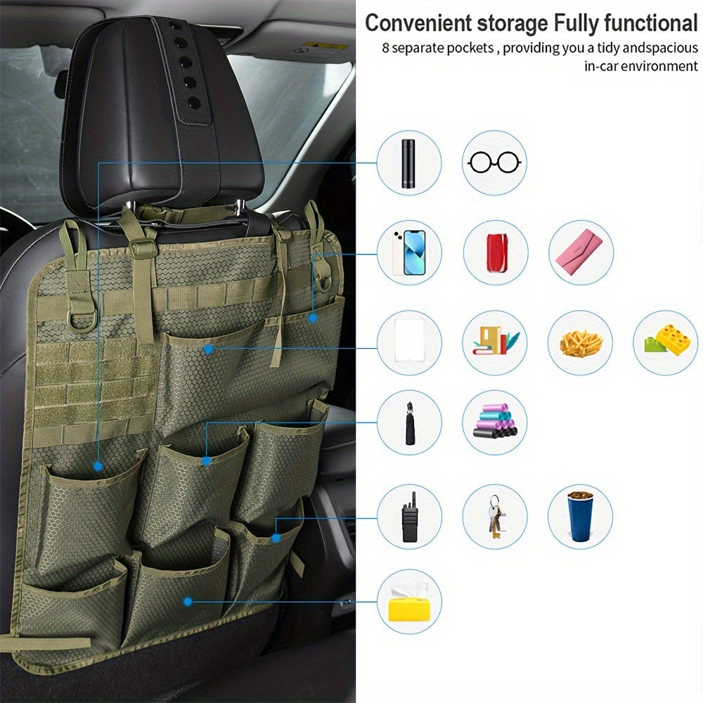 Organize your car with ease using our Tactical MOLLE Car Seat Back Organizer featuring 8 cup holders. This convenient storage bag can also be wall-mounted to hold tools and accessories. Makes a great gift for men or jewelry organizers.