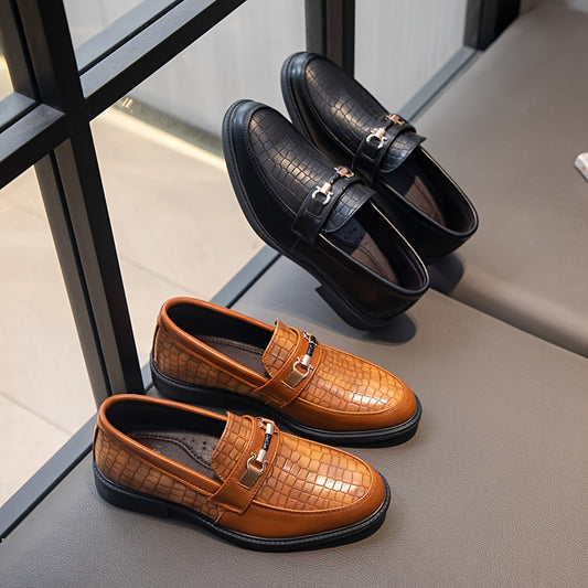 Vintage-inspired slip-on loafers with elegant British style, faux leather, breathable, suitable for business and casual wear. Features a pointed toe and TPR sole. Comes in black and brown