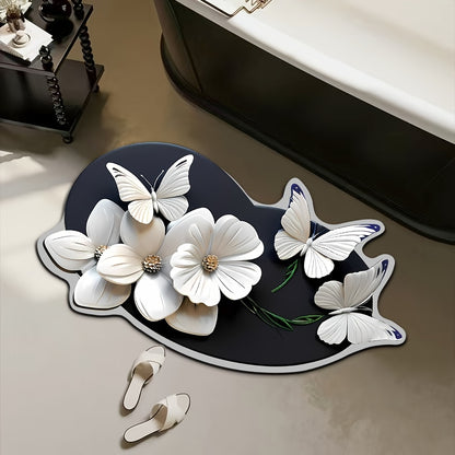 3D flower and butterfly pattern non-slip mat for bathroom, water-absorbent and quick-drying. Hand wash only, made of diatom mud material with rubber backing. Oval shape, machine made with