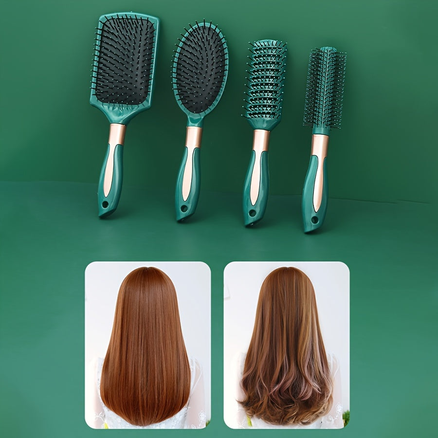 Hair brush set with 3pcs/5pcs including air cushion comb, round curling brush, and detangling brush. Features anti-static plastic bristles, wide tooth design, ABS handle. Ideal for straight