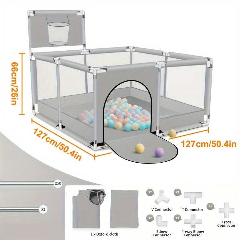 Baby playpen with a basketball hoop, guardrail, and square shape, designed for children to play and learn indoors. Includes a climbing mat for added fun and safety.