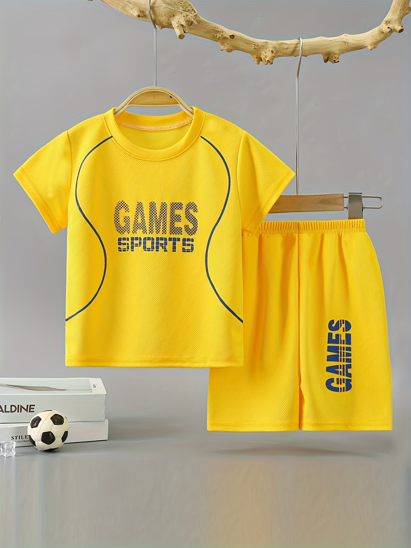 Boys' 2pc quick-drying outfit with GAMES SPORTS print t-shirt and shorts for summer outdoor wear.