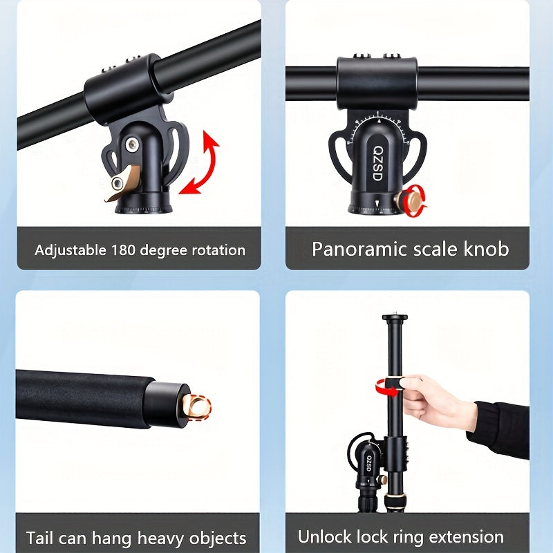 Lightweight horizontal pole with small camera swing arm for shooting vertically at 90 degrees. Compatible with DSLR, mirrorless cameras, and mobile phones. Bottom interface is 3/8 inch and