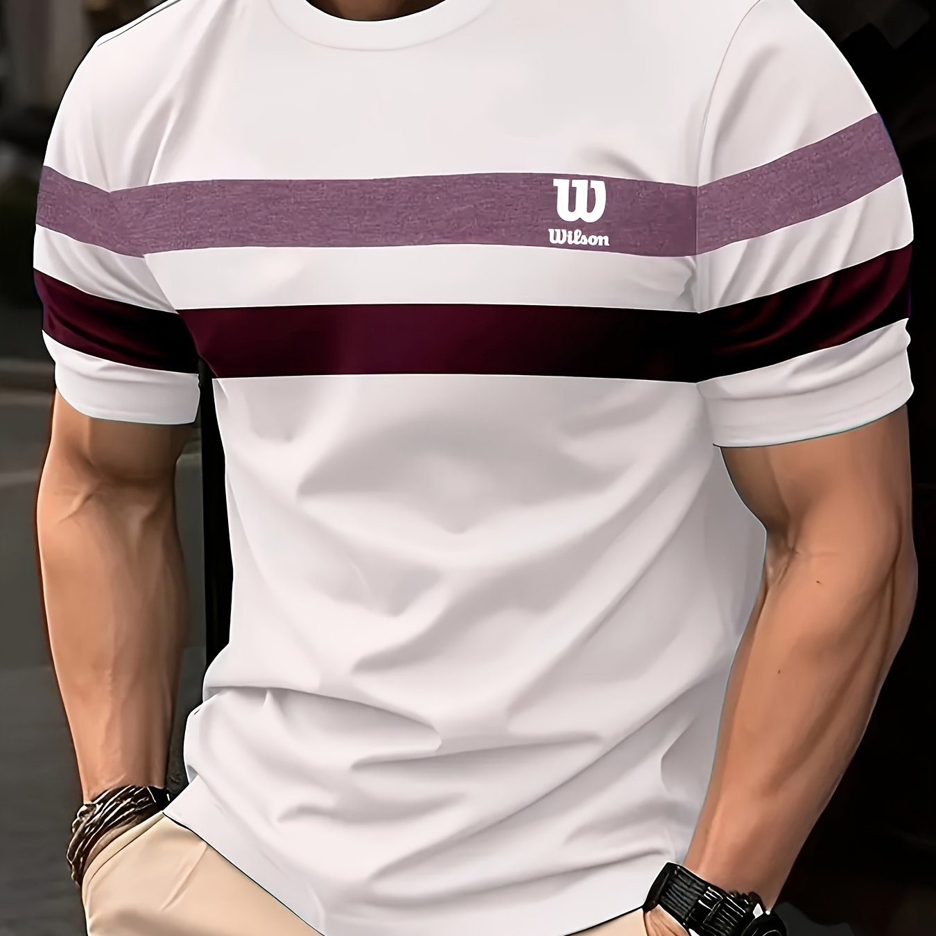 Men's Lightweight Casual T-Shirt with Green and White Striped Side Panels and "W" Print, Round Neck, Machine Washable