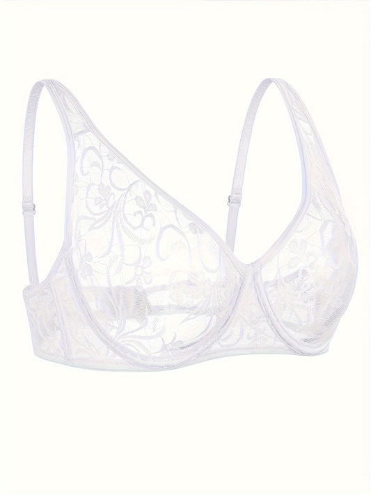 Stylish plus size floral lace bra with V-neck, delicate embroidery, underwired support, breathable, hand washable, in white