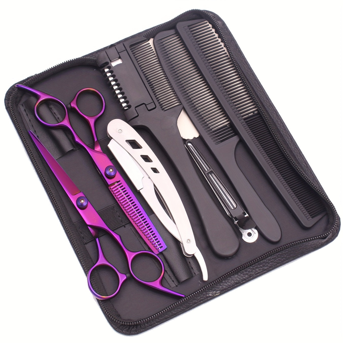 6-inch hair cutting scissors set with a variety of styling tools including thinning scissors, shaver comb, double-sided comb, and apple comb.