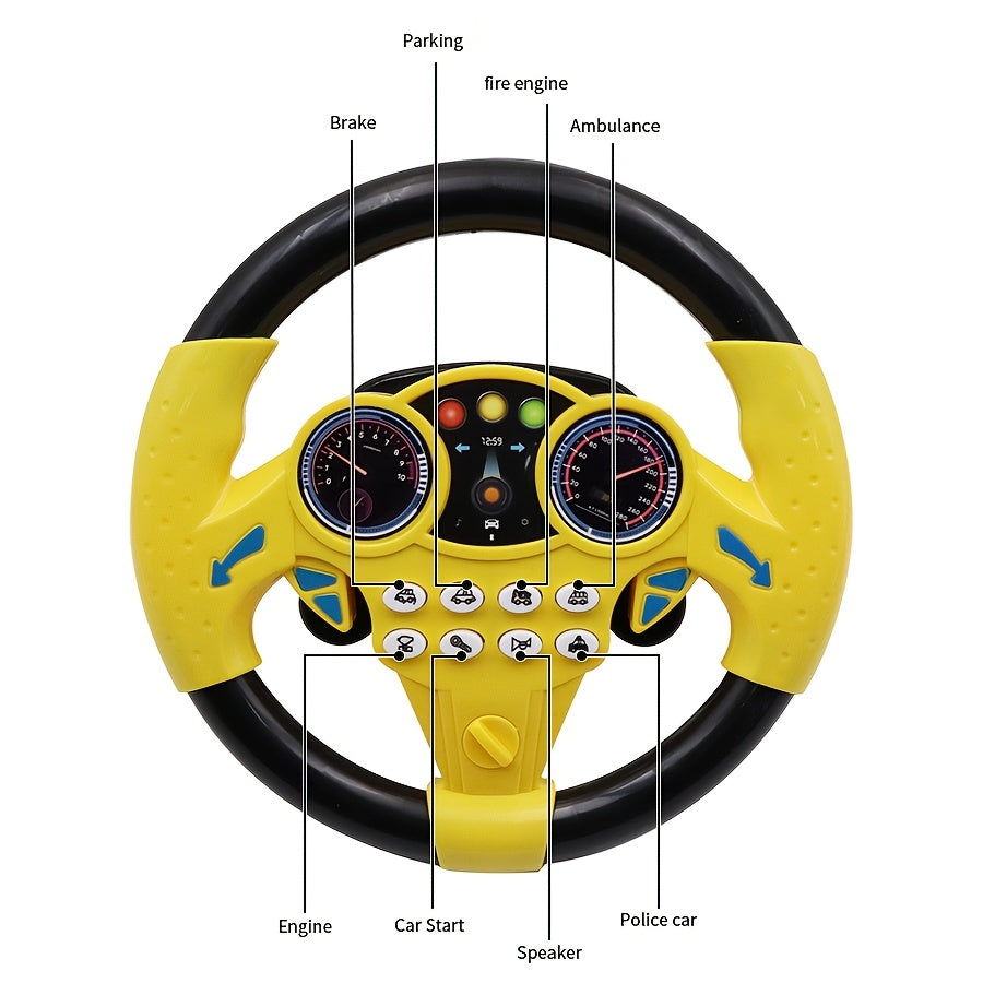 A toy steering wheel for cars made of ABS resin, available in various colors. Batteries not included.