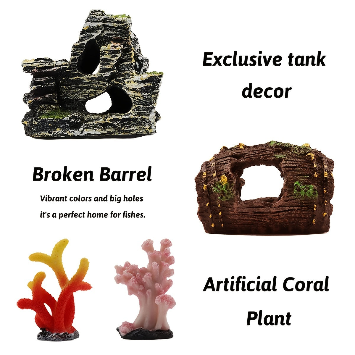 15pcs Fish Tank Decorations including resin broken barrel, cave rock view, and plastic plants