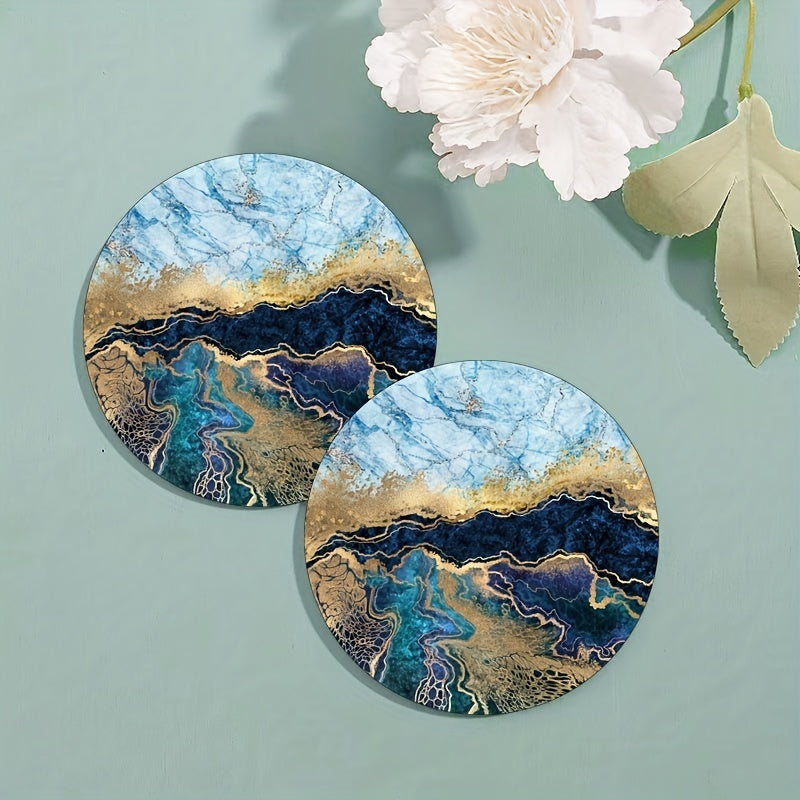 6 luxury golden marbling coasters with absorbent rubber and non-slip backing, perfect for home decor or as a housewarming gift. 10.16cm round.