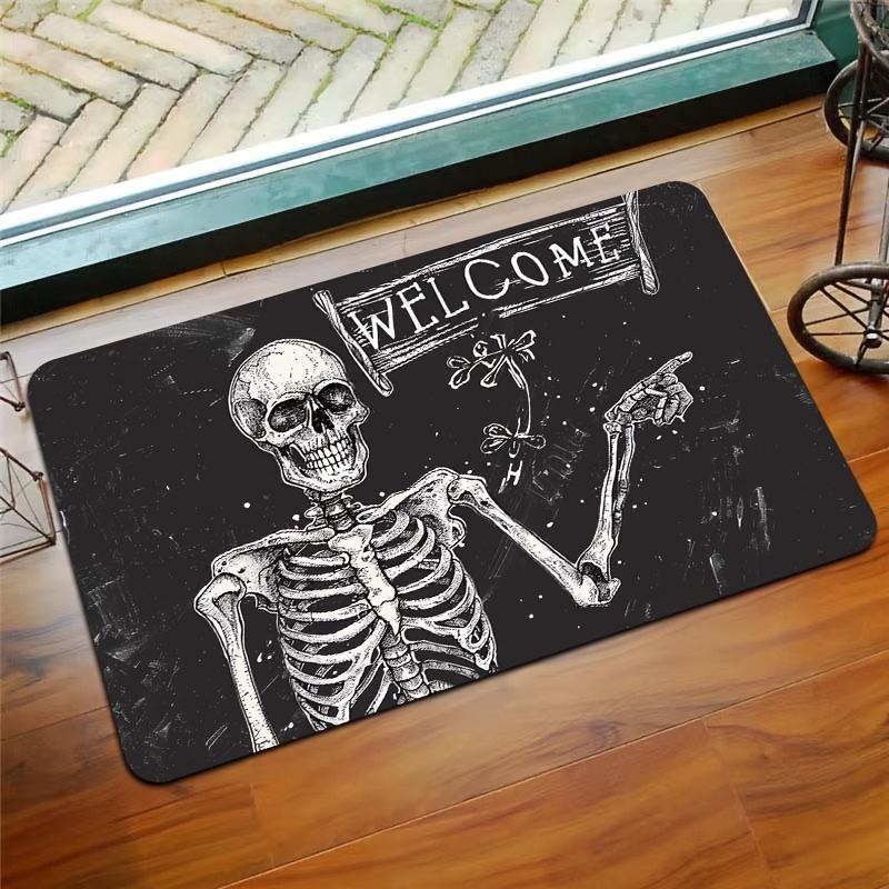 Skeleton Welcome Doormat - Machine Washable Polyester Flannel Indoor Mat with PVC Backing, Rectangle Textile Mat for Laundry, Bathroom, Kitchen, Living Room, Bedroom Entrance Decoration - Area Mat that is Washable