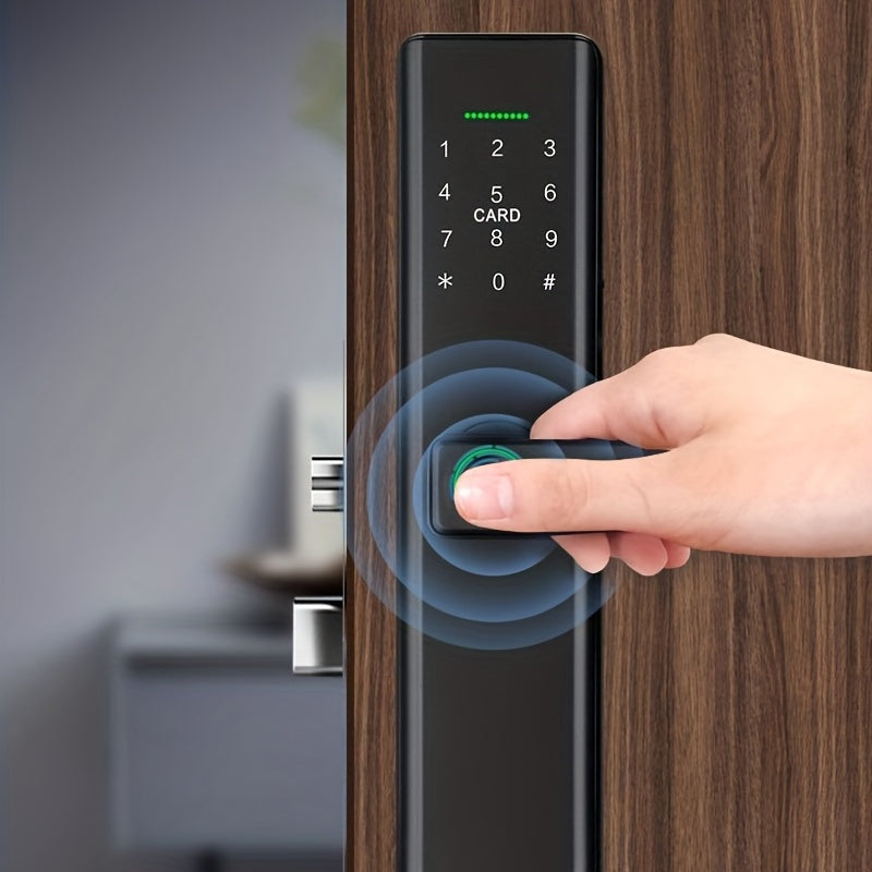 Wifi Electronic Lock with multiple access options (Password, Card, Fingerprint, Key) and TT App/Tuya App support.