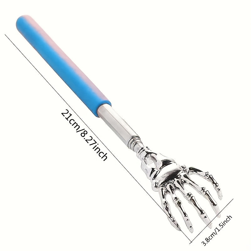 Stainless steel back scratcher with extendable claw, adjustable, portable, ergonomic handle, 3 color options, great for massage and relieving itch.