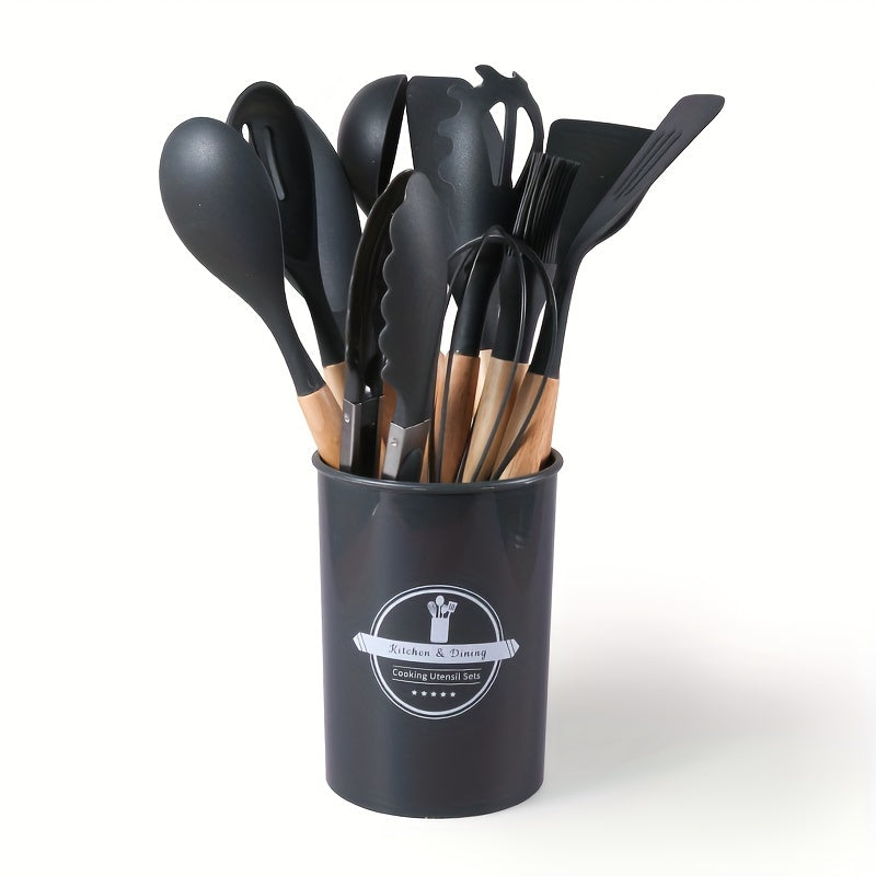 Set of 12 silicone kitchenware pieces - featuring non-stick, food-grade cooking tools such as shovels, spoons, and spatulas. Ideal for both vacation and everyday kitchen use. Great for Christmas and Thanksgiving celebrations.