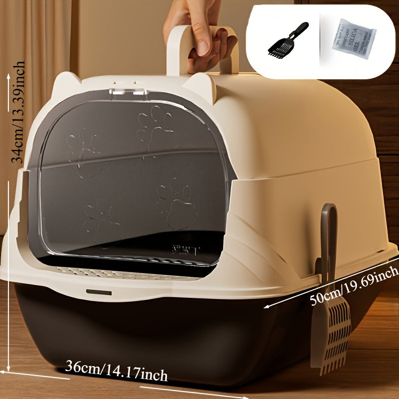 Enclosed large cat litter pan with scoop, liner, and odor resistant materials. Easy-to-clean and fully enclosed cat litter box. Dimensions: 36*50*34cm.