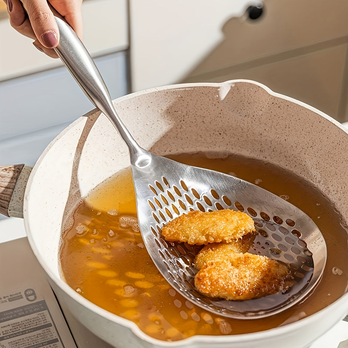 Large Stainless Steel Colander Skimmer - for frying, hot pot, cooking, and baking - easy draining, heat resistant, dishwasher safe - for restaurant and home use.