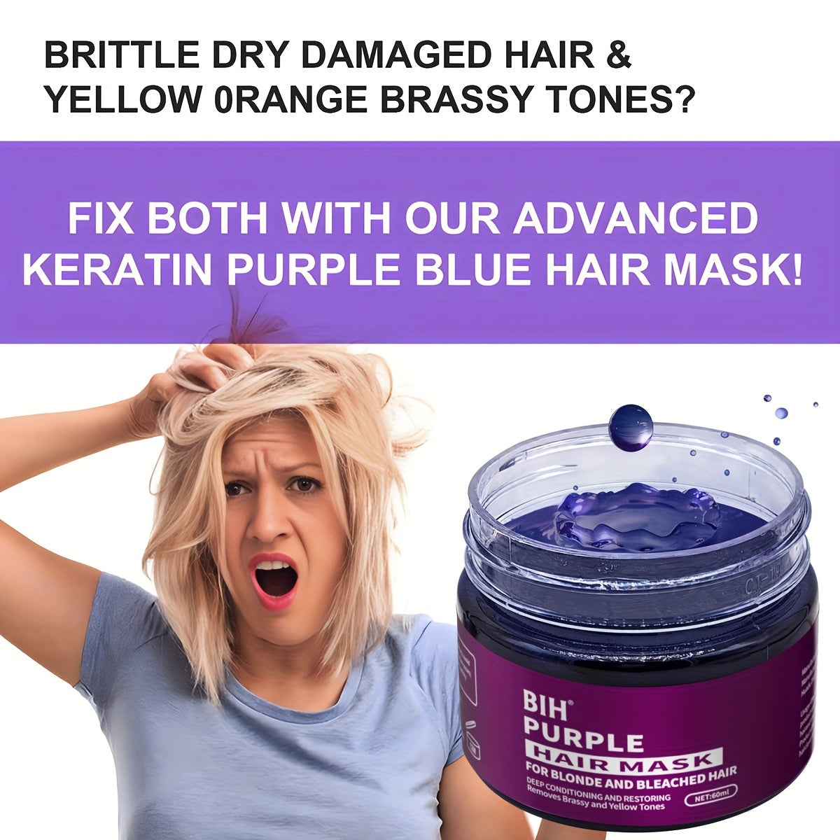 BHI Purple Hair Mask brightens and tones blonde to platinum hair by neutralizing yellow tones.