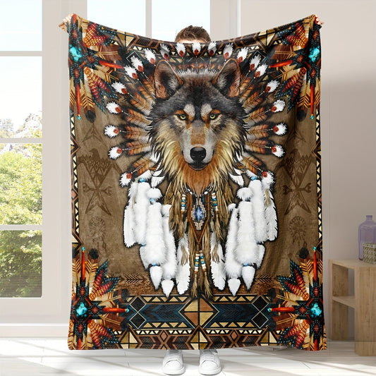 Charming Wolf Design Flannel Fleece Blanket with Rustic Native American Style, Digital Print, Cozy and Warm Throw for Home Decor, 1 Piece