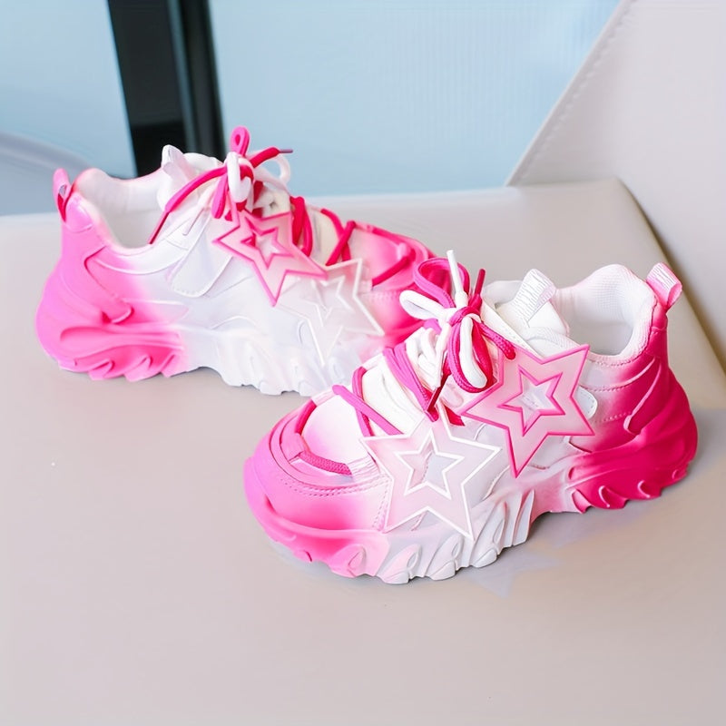 Trendy chunky sneakers for girls in pink and white gradient with star pattern, soft sole, perfect for school, sports, and outdoor play.