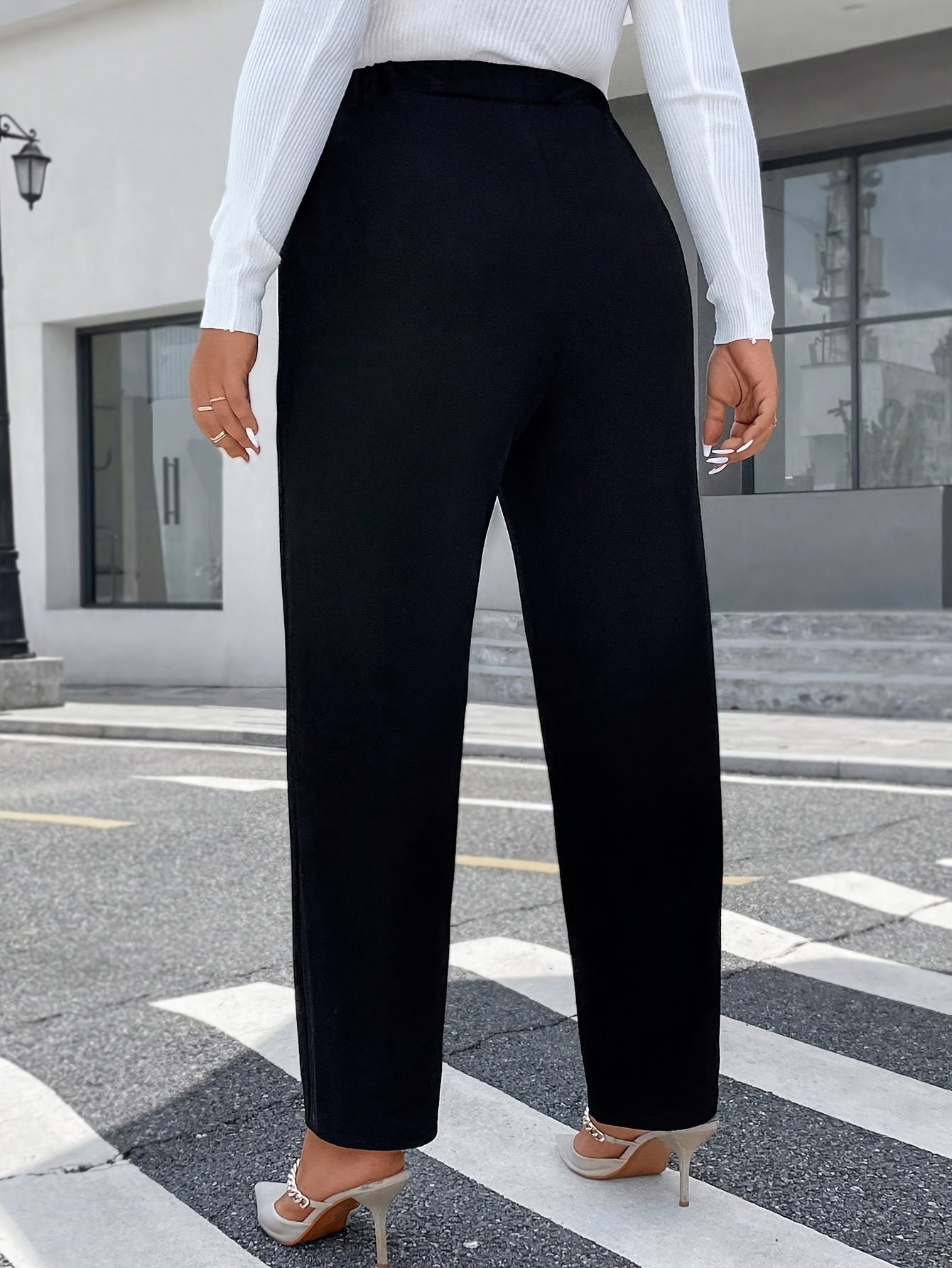 Plus Size High-Waist Straight-Leg Pants with Decorative Buttons - Comfortable Polyester Blend, Machine Washable - Elegant Black Casual Attire