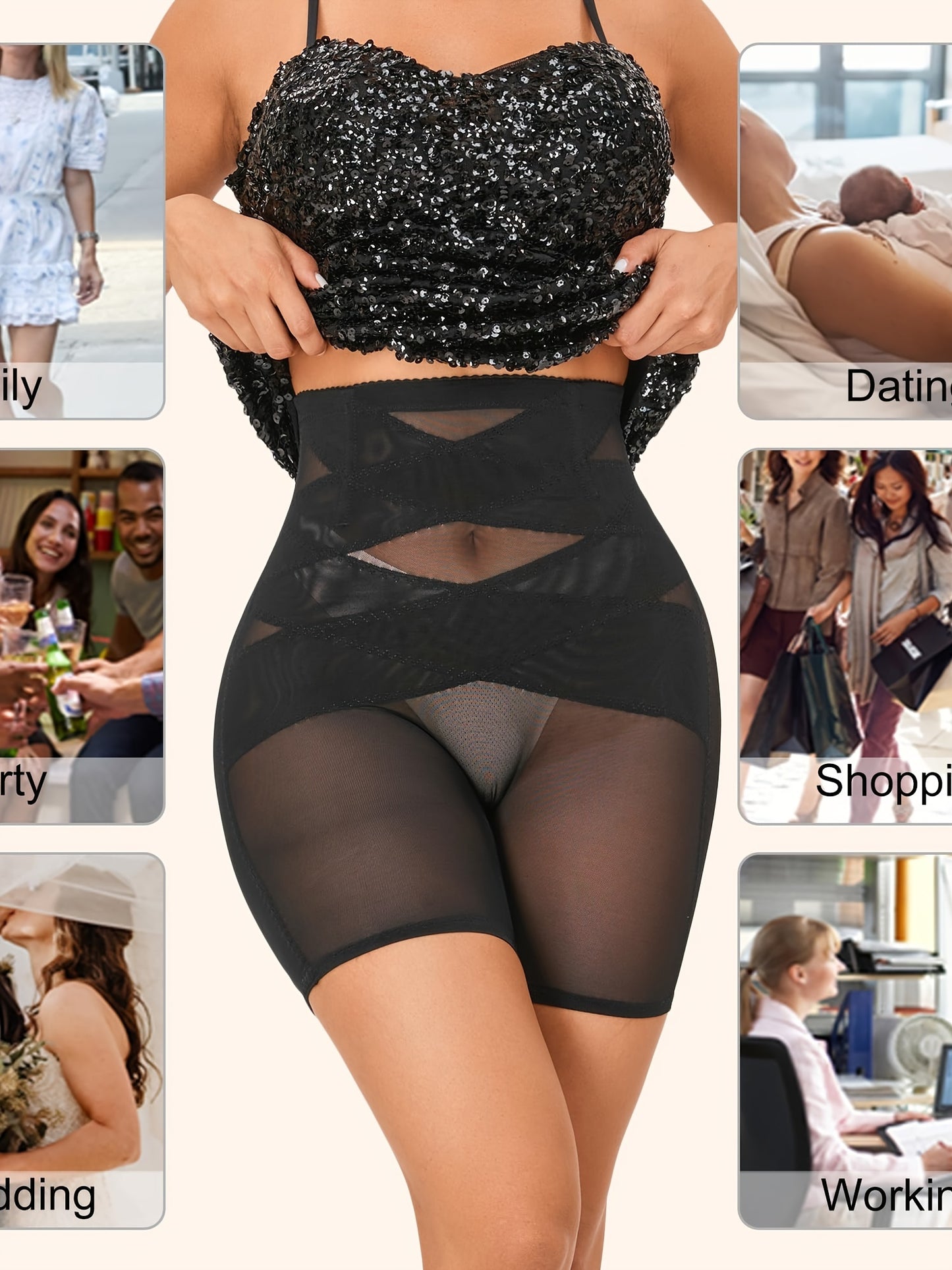 Women's shapewear with high waist, seamless thigh tuck, and butt lift.