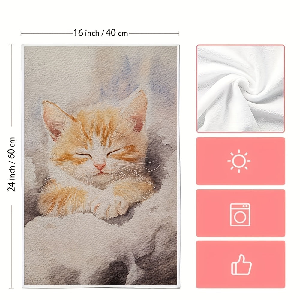 Two pieces of ultra soft kitchen towels featuring a charming kitten design. These highly absorbent towels are machine washable and perfect for use as dish hand towels. They are ideal for adding a festive touch to your holiday decor. Each towel measures