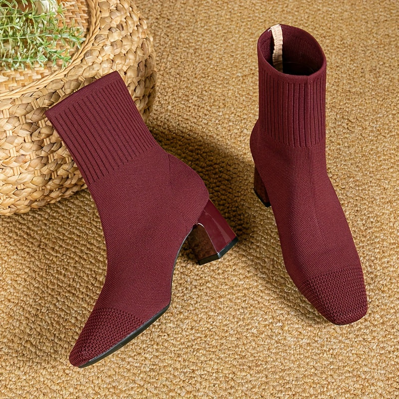 Women's square toe sock boots with high heel, solid color knit design, stretchy slip on style.