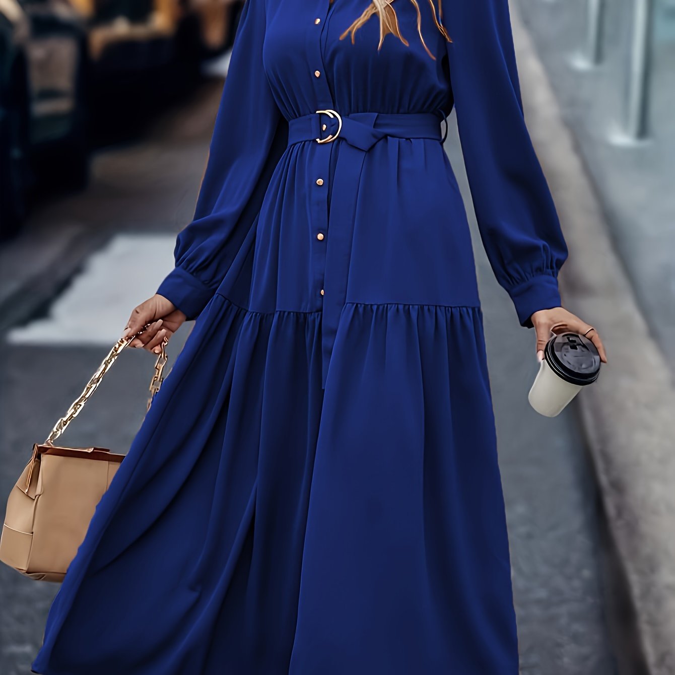 Middle-Eastern style polyester shirt dress with lantern sleeves, ruffled hem, and button details - A-line woven midi dress suitable for spring/fall.