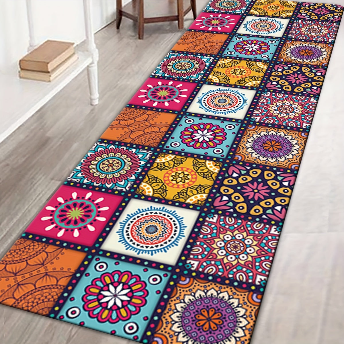 Area rug with Moroccan influences designed to prevent slipping, featuring a soft and durable material that is machine washable. Suitable for use in the living room, bedroom, kitchen, and bathroom. Multiple sizes to choose from.