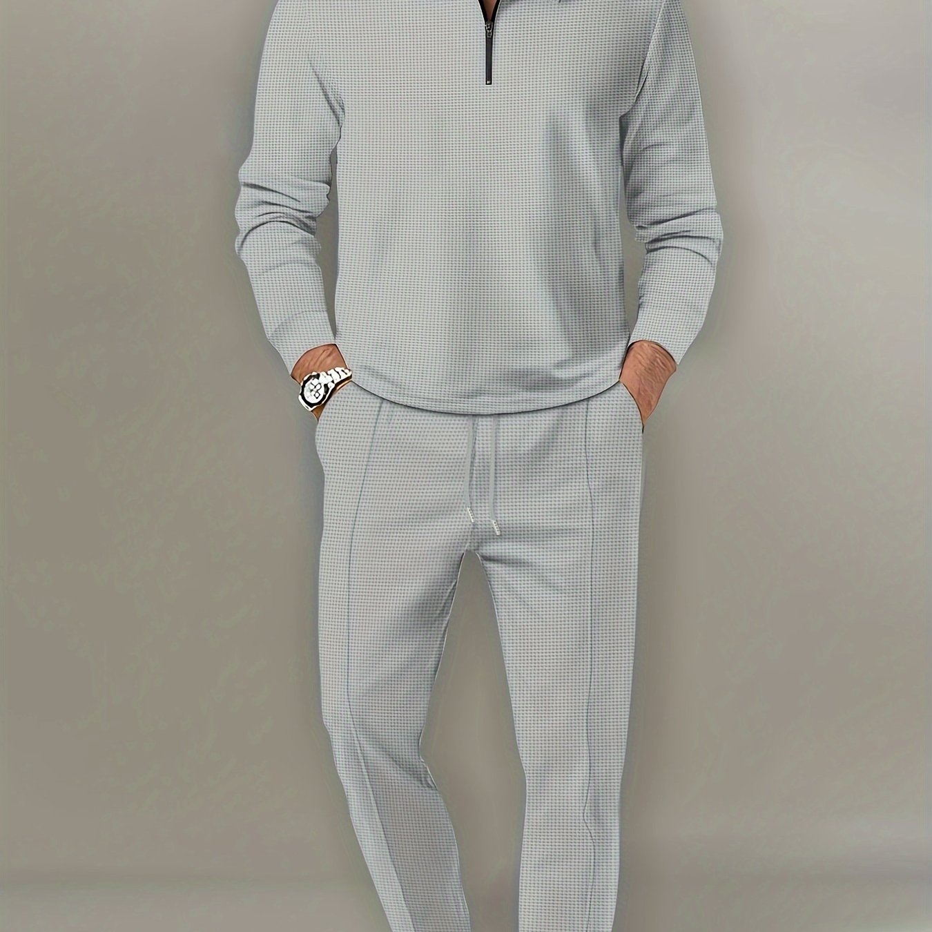 Men's 2Pcs Waffle Pattern Outfit: V Neck Shirt + Sweatpants Set for Spring/Fall