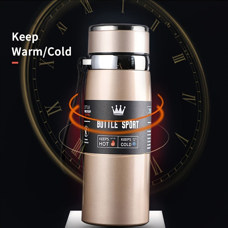 Stainless steel 1000ml vacuum insulated water bottle with portable strap, BPA-free, keeps hot/cold for sports and outdoor activities, hand wash only.