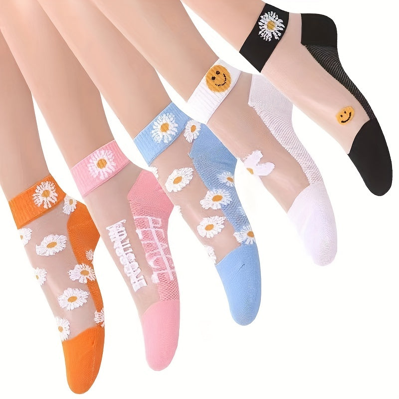 5 pairs of floral print short socks for women, breathable and lightweight transparent stockings.