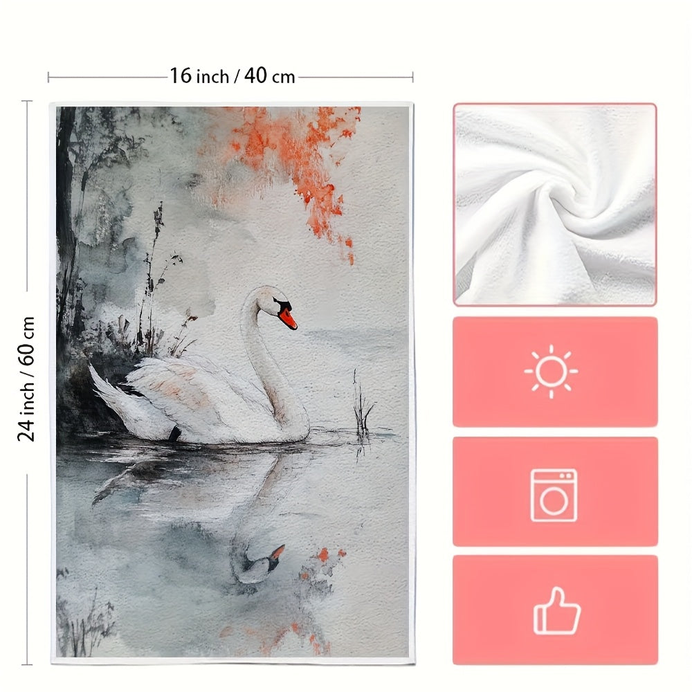 Set of 2 Ultra Soft Kitchen Towels featuring the Graceful Beauty of a Swan, Highly Absorbent Dish Hand Towels perfect for Holiday Decor, Machine Washable, Size 16x24 Inch - Model Number 2KYSYS1218563