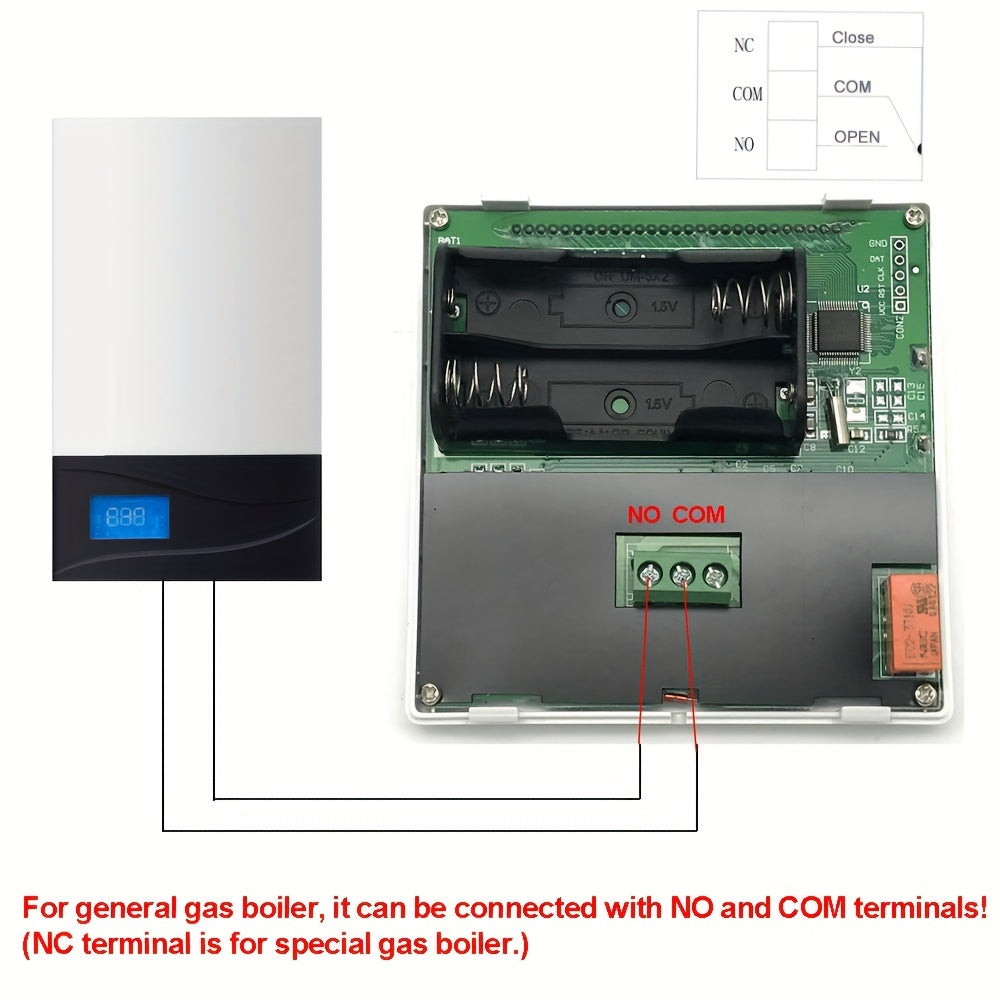 1-piece hand-controlled gas boiler thermostat with AA battery lock and smart temperature controller.