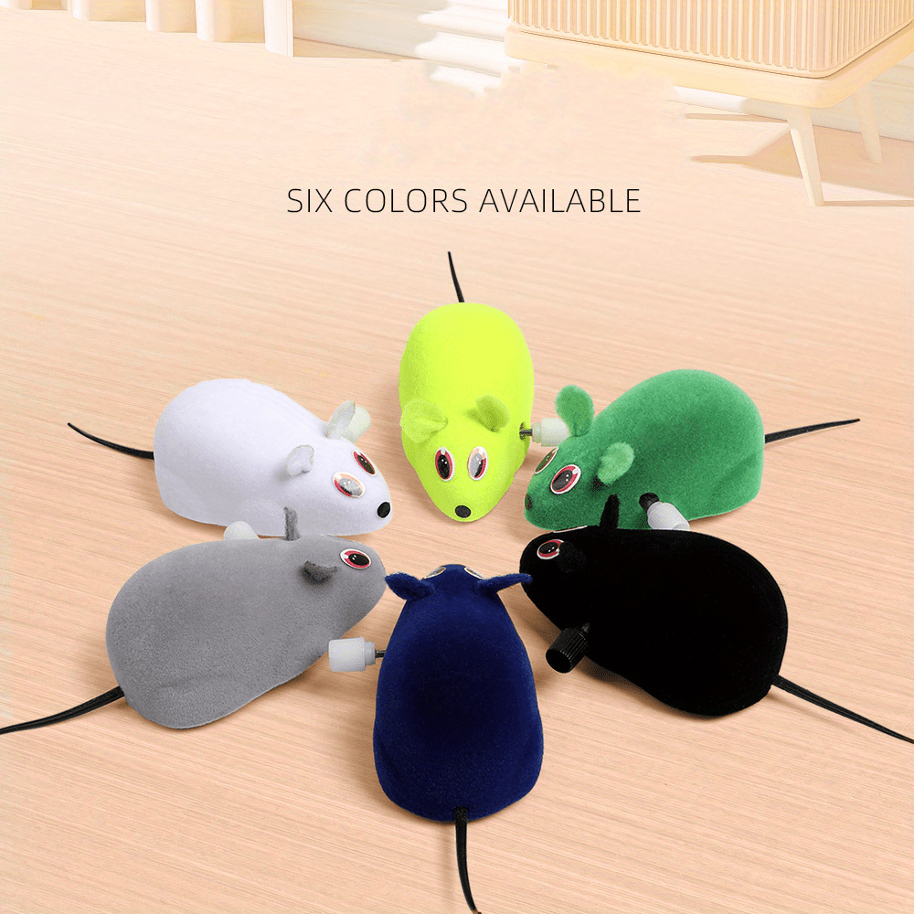 Battery-free plush mouse cat toy with wind-up mechanism, featuring animal print design for interactive fun.