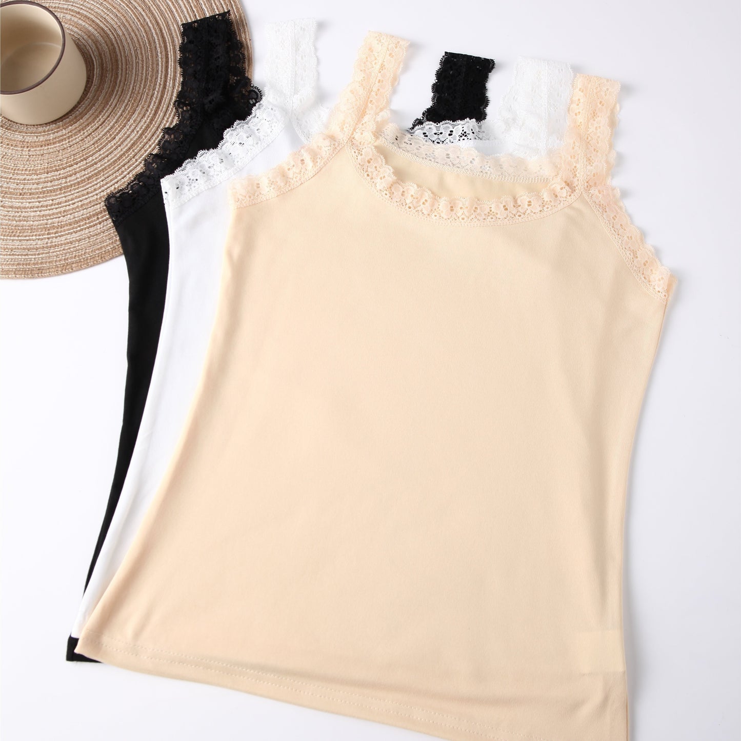 Women's Lace Trim Tank Tops in Black, White, & Beige - Seamless, Breathable, & Comfortable Nylon Blend.