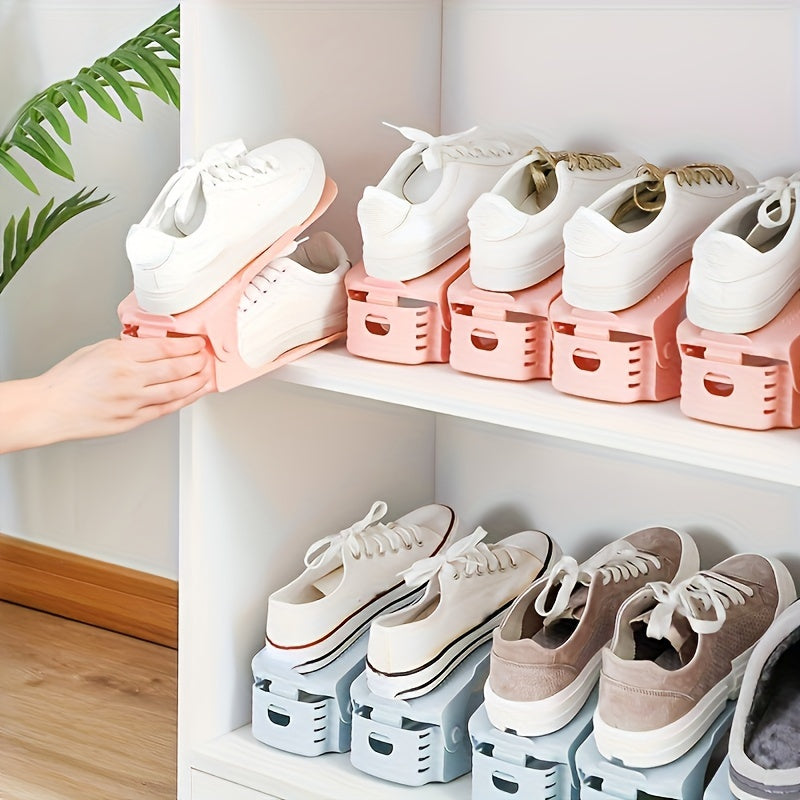 Two-tier stackable shoe organizer made of plastic, suitable for home use. Can be adjusted to save space and without the need for electricity. Versatile for use in bedrooms, living rooms, and dorms.