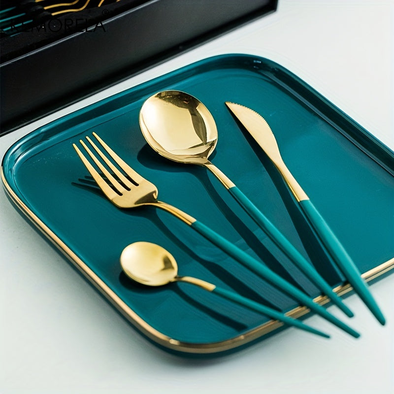 24-piece luxury stainless steel cutlery set, dishwasher safe.