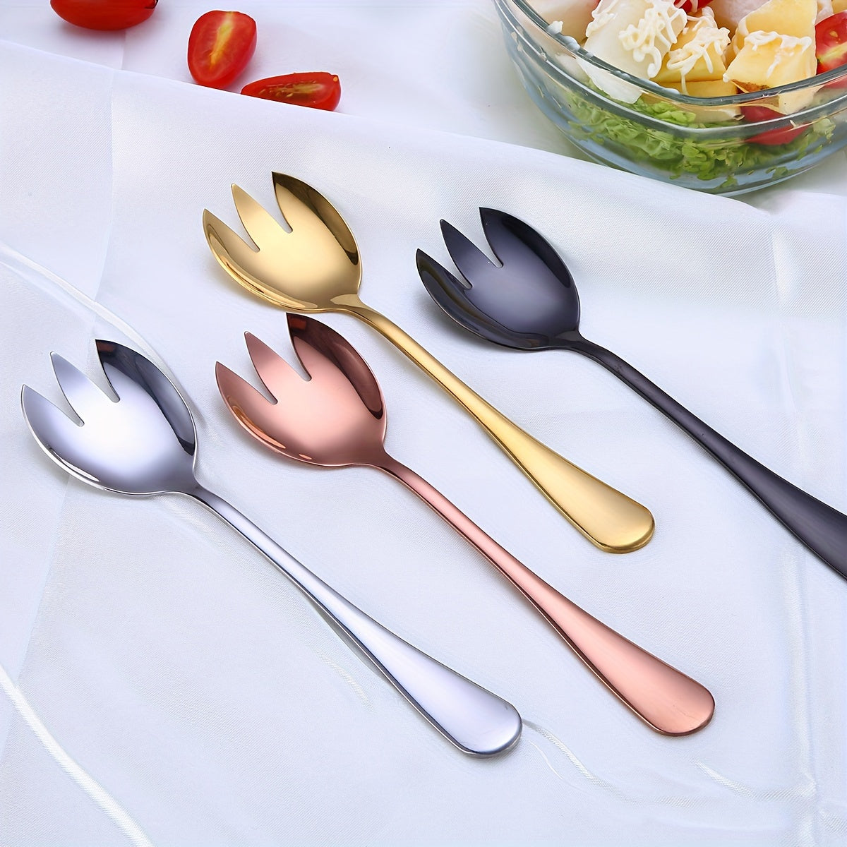 Set of 2 stainless steel salad and pasta utensils with gold finish