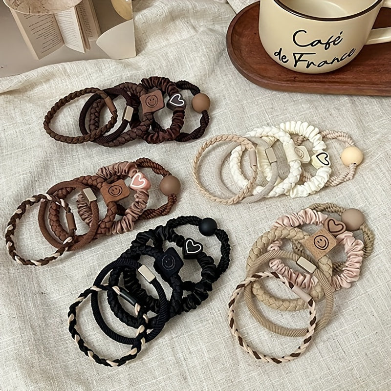 ZFPAS Casual Polyester Hair Ties Set with Cute Heart-Shaped & Smile Face Charms - Twisted Elastic Hair Loops for Women